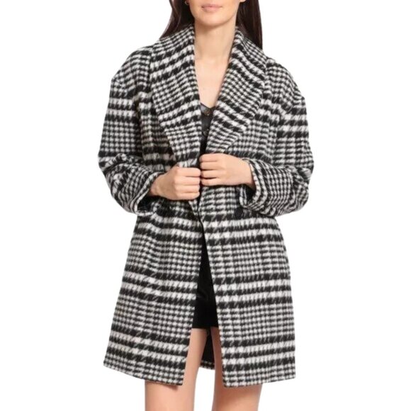 AVEC LES FILLES HOUNDSTOOTH PLAID OVERSIZED PEACOAT SIZE LARGE black & white L - Picture 2 of 12